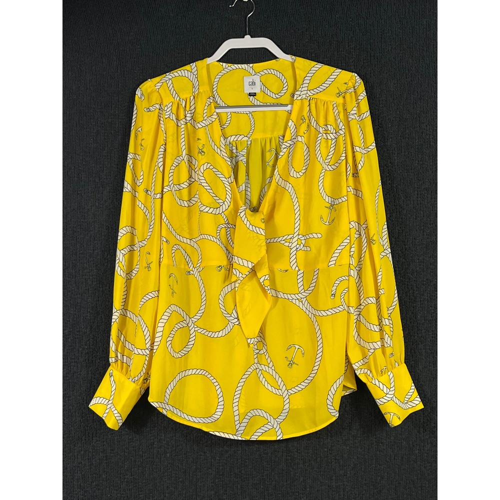 Cabi Knot Blouse Yellow Nautical Rope Anchor Print V-Neck Long Sleeve Top 5707 L